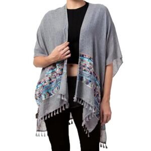 New! RAJ Aztec Embroidered Tassel Trim Beach Cover-up Boho Kimono Shawl Wrap